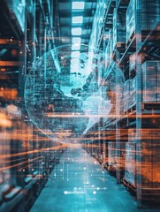 Poster - Creative digital logistics, delivery and transportation hologram with globe and network on blurry warehouse background. Double exposure