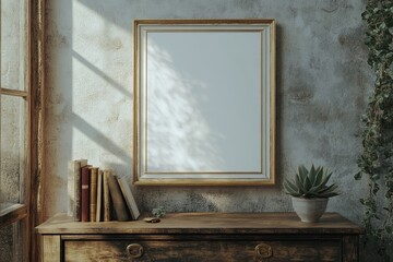 Poster - A serene interior scene featuring a blank framed picture, books, and a plant on a wooden surface.