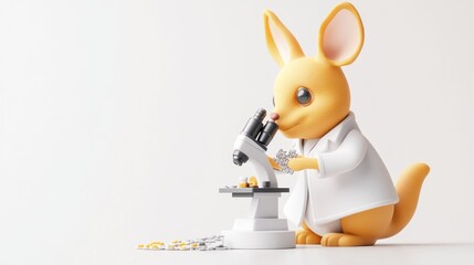 Poster - A cute cartoon kangaroo in a lab coat examines samples with a microscope.
