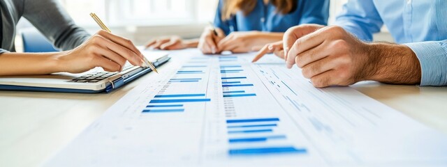 Poster - Hands analyzing a report with graphs and charts on a table.