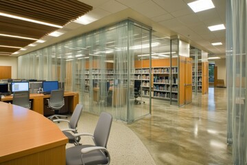 Aufkleber - Modern library interior with glass walls, desks, and bookshelves for study and research.