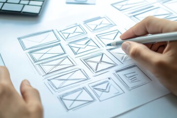 Poster - A person sketches wireframe designs for an email interface on paper.