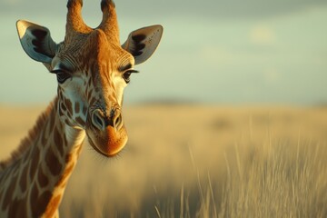 Aufkleber - A close-up of a giraffe in a natural landscape during golden hour.