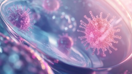 Poster - A close up of a virus in a blue and pink color