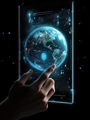 Poster - future technology, network and identification concept - hand using interactive panel with touch screen with fingerprint scanning system and projection of earth planet