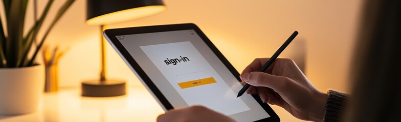 Poster - A person signing in on a tablet with a stylus in a cozy workspace.
