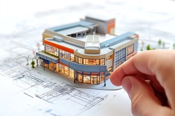 Aufkleber - A hand adjusting a miniature architectural model on blueprints.