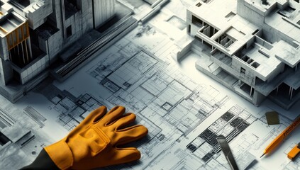 Poster - A construction scene with blueprints, tools, and a glove, indicating architectural planning.