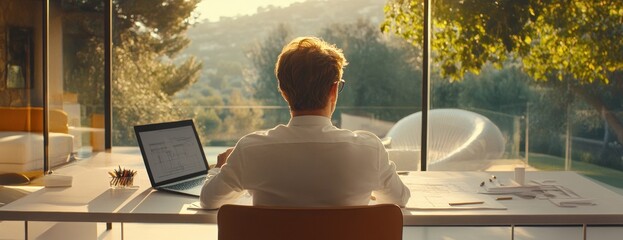 Fototapete - A person working at a desk with a laptop, overlooking a serene outdoor landscape.