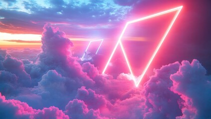 Aufkleber - A surreal landscape featuring glowing geometric shapes amidst vibrant clouds at sunset.