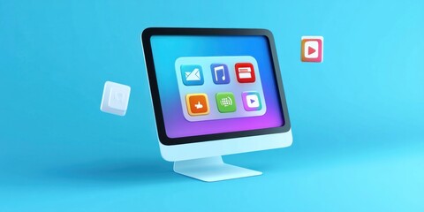 Poster - A stylized computer monitor displaying various app icons against a blue background.
