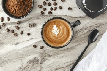 Poster - A latte art coffee cup surrounded by coffee beans and ground coffee on a marble surface.