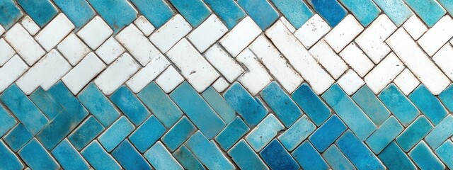 Poster - A decorative mosaic pattern featuring various shades of blue and white tiles arranged in a herringbone style.