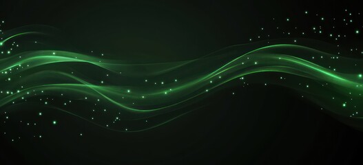 Poster - Abstract green waves with sparkling elements on a dark background.