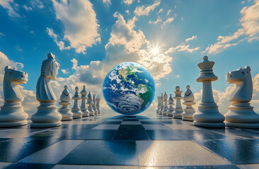 Poster - planet earth sits on a chessboard against the sky. chess pieces are placed in front of the earth. co