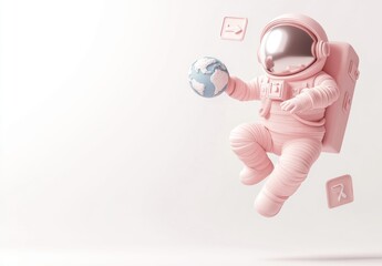 Poster - A pink astronaut floating in space, holding a small Earth globe, with icons around.