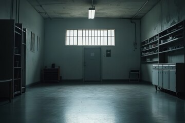 Poster - A dimly lit room with minimal furnishings and a door, evoking a sense of isolation.