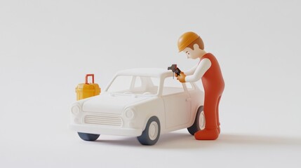 Poster - A mechanic working on a toy car with tools and a fuel canister nearby.