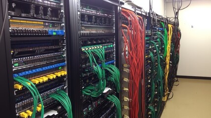 Poster - Network Server Room With Extensive Colorful Cabling