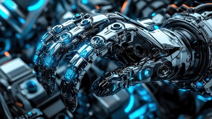 Poster - A Chrome Robotic Hand With Blue Lights Illuminates Details