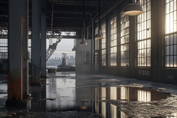 Poster - An industrial interior with large windows, puddles, and a crane in the background.