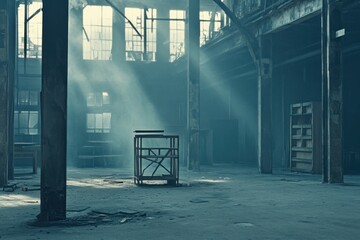 Poster - An abandoned industrial space with beams of light illuminating dust and empty surroundings.