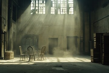 Poster - A sunlit, dusty industrial space with scattered chairs and beams of light.