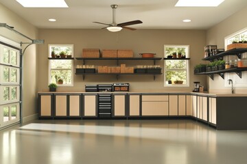 Poster - A modern garage interior featuring organized shelves, cabinets, and natural light.