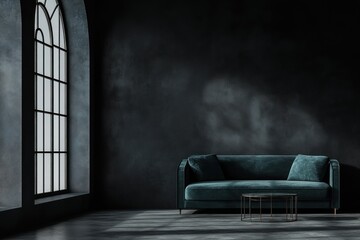 Poster - A minimalist interior featuring a dark wall, a sofa, and a large window.