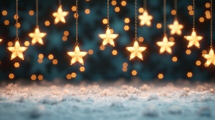 Wall Mural - Illuminated stars hanging above a snowy ground.