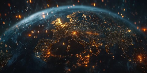 Aufkleber - A glowing view of Earth at night, highlighting city lights and geographical features.