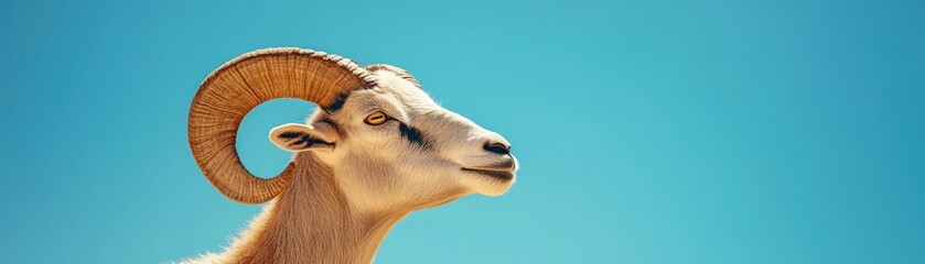 Poster - A close-up of a goat with prominent horns against a clear blue sky.