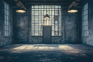 Aufkleber - A dimly lit industrial space featuring a door and large windows.