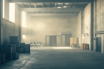 Aufkleber - A spacious, empty industrial warehouse with light streaming through windows.