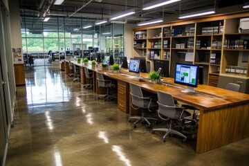 Poster - Modern office space with computers and plants, designed for productivity and collaboration.