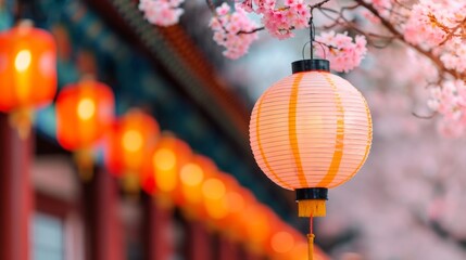 Wall Mural - Lanterns and cherry blossoms create a festive atmosphere.