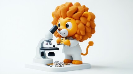 Poster - A cartoon lion in a lab coat examines samples under a microscope.