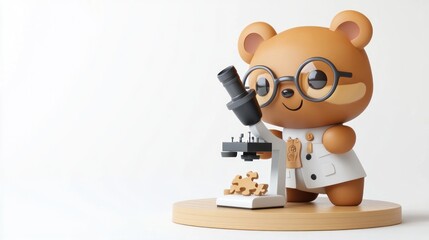 Poster - A cute bear character in a lab coat using a microscope, representing science and research.