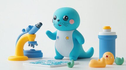Aufkleber - A playful blue seal toy engaging with science-themed accessories.
