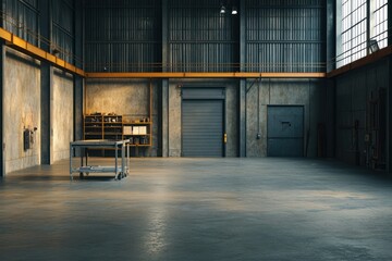 Poster - A spacious industrial warehouse with concrete walls and minimal furnishings.