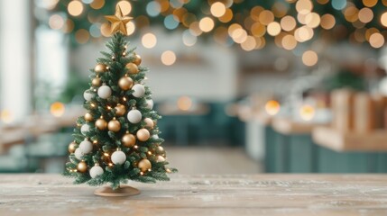 Wall Mural - Miniature Christmas tree with golden decorations.