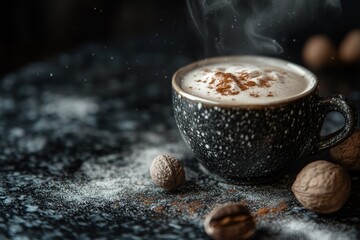 Poster - A steaming cup of coffee adorned with cinnamon, surrounded by walnuts on a textured surface.