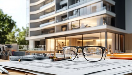Poster - Architectural plans and glasses on a table in front of a modern building.
