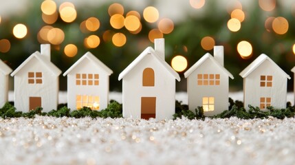 Wall Mural - Miniature white houses with warm glowing windows.