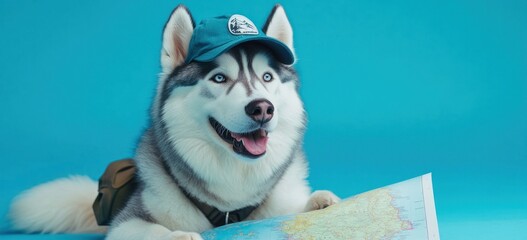 Aufkleber - A playful husky wearing a cap, studying a map, ready for an adventure.