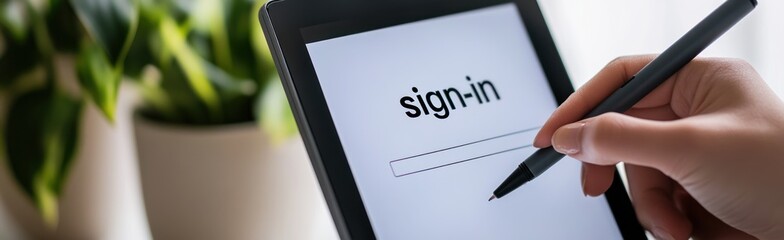 Poster - A hand using a stylus to sign in on a tablet with a sign-in screen displayed.