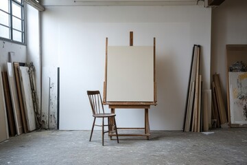 Aufkleber - A minimalist art studio featuring an empty easel and chair, ready for creative work.