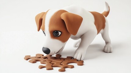 Aufkleber - a cute cartoon puppy playfully interacts with a puzzle piece on a white background.