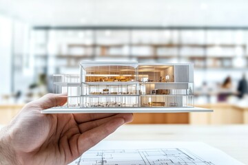 Poster - A hand holds a detailed architectural model in a modern workspace.