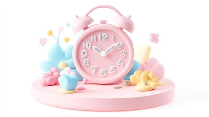 Poster - A pastel pink alarm clock surrounded by colorful flowers and shapes on a circular base.